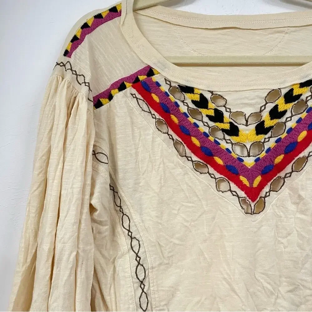 Free People Cream Embroidered Boho Cropped Balloon Sleeve Blouse Womens S Fall